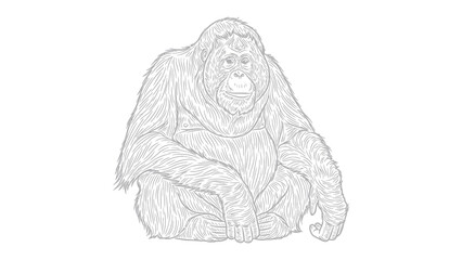 Orangutan Outline: Detailed outline of a seated orangutan, showcasing its hairy body and thoughtful expression, perfect for educational or creative projects. © hafs121