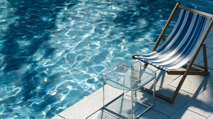 Fototapeta premium A chair sits by the pool with clear water reflecting sunlight. There are two glasses on a small table next to the chair. It is a bright day with no clouds in the sky.