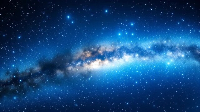 Bright Milky Way galaxy stretching across deep blue star filled night sky, cosmic astronomy background representing universe exploration, astrophotography and scientific wonder