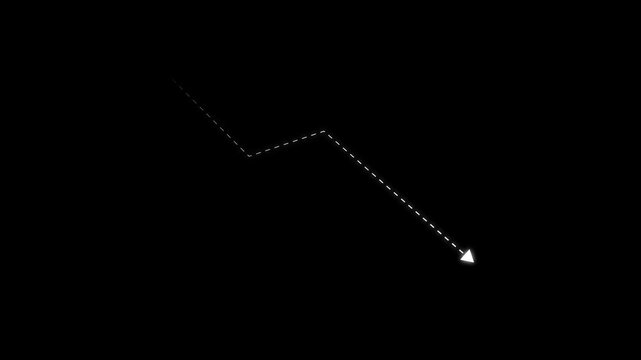 Red neon arrow showing downward or decreasing market trend on black grid background. Futuristic glowing line graph indicating decline, negative growth, or decreasing analytics statistics concept.