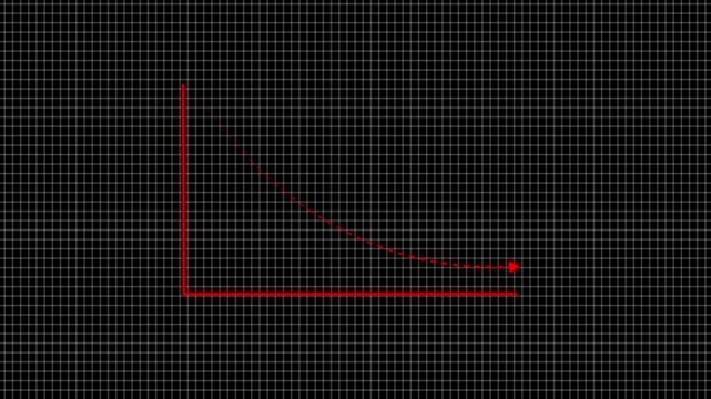 Red neon arrow showing downward or decreasing market trend on black grid background. Futuristic glowing line graph indicating decline, negative growth, or decreasing analytics statistics concept.