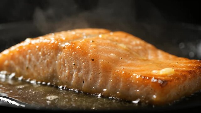 Perfectly Seared Salmon Fillet Sizzling in Hot Pan with Steaming Oil Rich in Omega 3 Nutrients Prepared for Healthy Meal