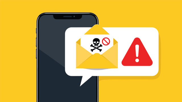 Phishing scam warning on a smartphone screen shows an open email envelope with a skull icon and a red alert sign for cyber security.