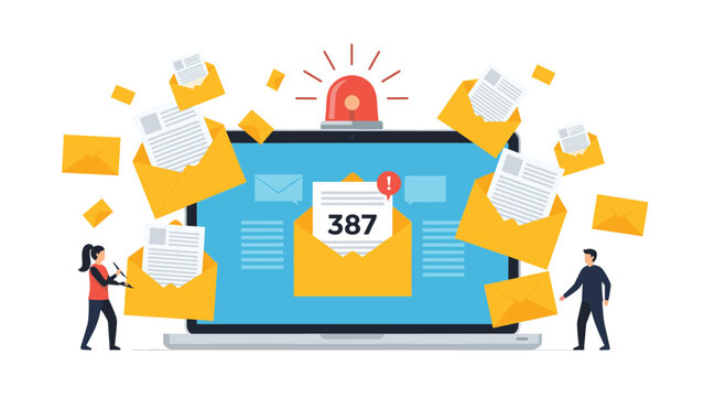 Email spam and phishing alert concept shows a laptop with an alarm siren surrounded by many envelopes and small human figures.