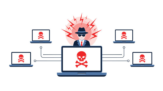 Cyber criminal figure is connected to several laptop screens displaying red skull icons to illustrate a coordinated malware attack.