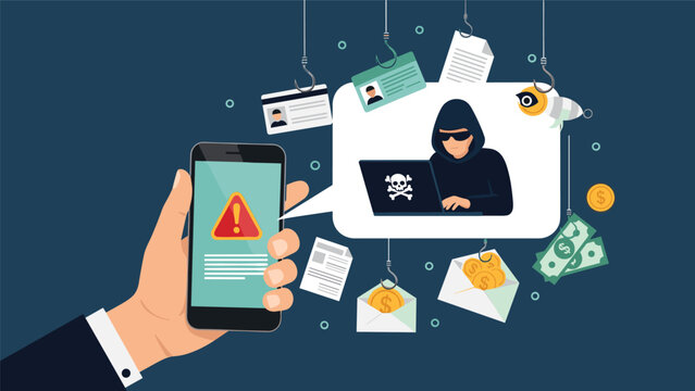 Hand holding a mobile phone with a warning popup shows a hacker fishing for personal data and money through online phishing scams.