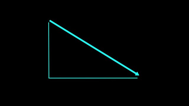 Red neon arrow showing downward or decreasing market trend on black grid background. Futuristic glowing line graph indicating decline, negative growth, or decreasing analytics statistics concept.