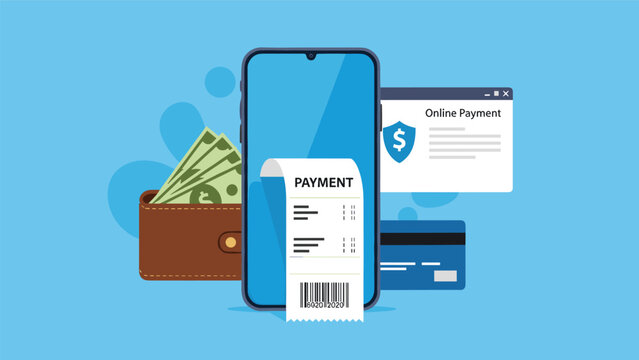 Mobile payment and digital transaction concept featuring a smartphone receipt alongside a wallet, credit card, and cash on blue background.
