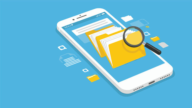 Mobile file management and digital search concept showing a smartphone with folders and documents being inspected by a large magnifying glass.