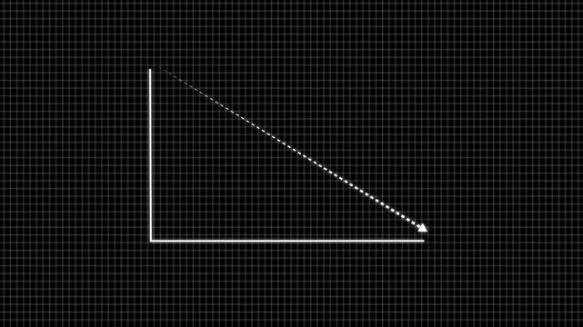 Red neon arrow showing downward or decreasing market trend on black grid background. Futuristic glowing line graph indicating decline, negative growth, or decreasing analytics statistics concept.