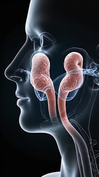 Realistic 3D CGI Medical Visualization of Human Tonsils and Adenoids in a Profile View with Subtle Blue and Pink Hues Against a Dark Background Educational Medical Background