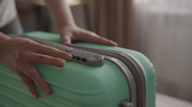 Closeup of female traveler securing light green hard shell suitcase, hands engaging zipper pulls into built in combination lock before departing for trip, slow motion. Concept of travel organization.