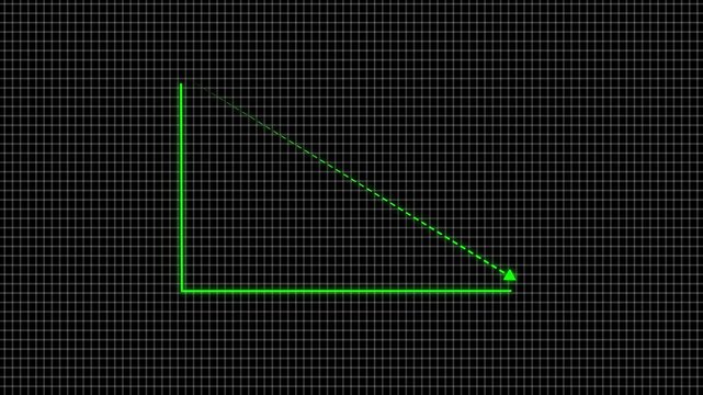 Red neon arrow showing downward or decreasing market trend on black grid background. Futuristic glowing line graph indicating decline, negative growth, or decreasing analytics statistics concept.