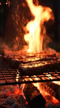 Sizzling barbecue steaks over open flames capturing intense heat and smoky aroma