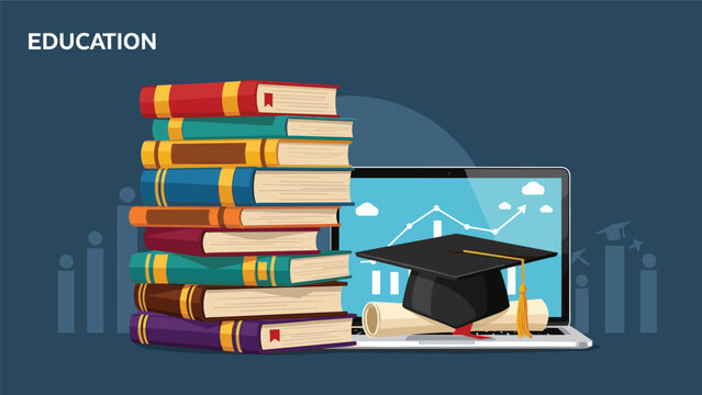 Online education and distance learning concept showing a tall stack of books next to a laptop with a graduation cap and diploma scroll.