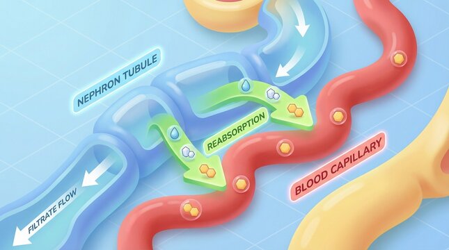 Renal Physiology Illustration of Nephron Tubule and Blood Capillary with Reabsorption and Filtration Flow