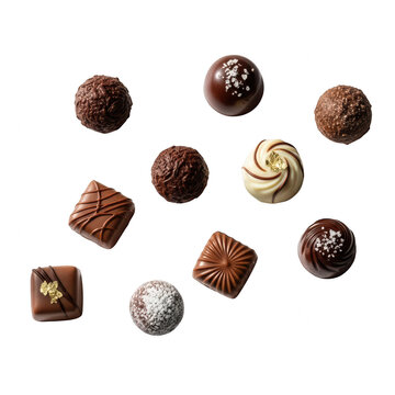 Assorted chocolates are scattered on a white background isolated on transparent background