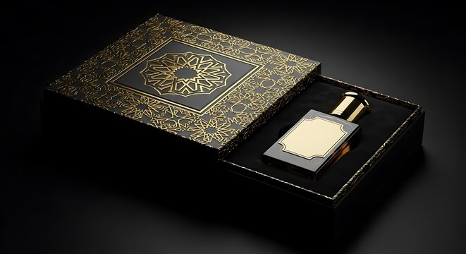 Elegant gold-embossed perfume box with bottle displayed on dark base