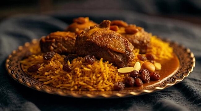 Traditional Kabsa Rice with Roasted Lamb &ndash; Authentic Saudi Arabian Cuisine. 4K video 