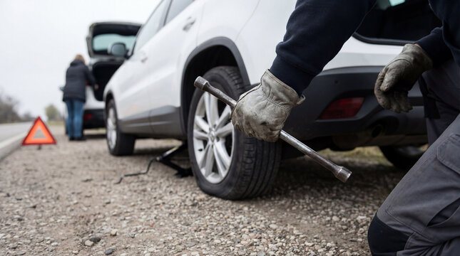 Changing Flat Tire on Vehicle with Lug Wrench on Gravel Road