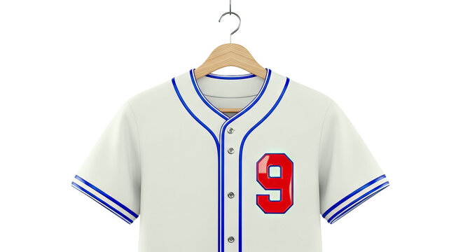 White Baseball Jersey with Red Number 9 and Blue Trim