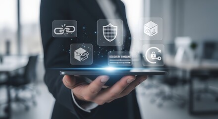 Business hand holding digital tech icons innovation strategy hologram