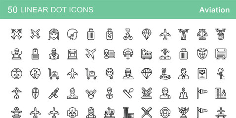 Large collection of fifty black linear dot icons featuring aviation themes including airplanes, helicopters, drones, parachutes, luggage, pilots, and airport navigation elements for travel designs. © Hosneara