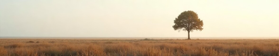 Fototapeta premium A lone tree stands in a vast, empty field, stark against the pale sky; a powerful image of isolation and solitude The feeling of being utterly alone is palpable , stillness, alone, nature