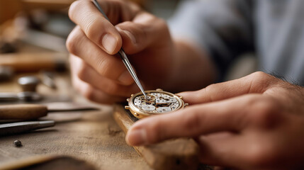 Close-up of a watchmaker's hands using fine tools to repair the intricate gears of an open mechanical watch, defocused workshop tools in background, watch repair, vintage timepiece