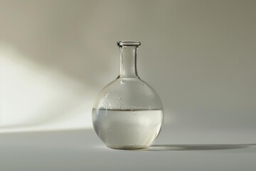 Round bottom flask containing a liquid substance, possibly undergoing a chemical reaction or experiment, placed on a neutral background with subtle lighting
