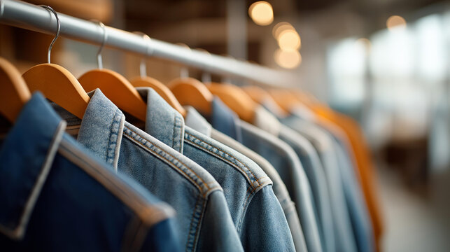 Long row of pre-owned denim jackets in various washes hanging on a polished metal rack in a well-lit store, selective focus on fabric details, defocused store interior behind, vint