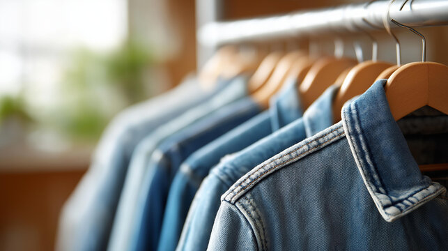 Long row of pre-owned denim jackets in various washes hanging on a polished metal rack in a well-lit store, selective focus on fabric details, defocused store interior behind, vint