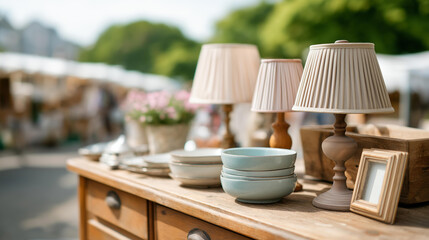 Fototapeta premium Assortment of vintage household objects — lamps, ceramic dishes, wooden frames — arranged on a flea market table, defocused outdoor market stalls behind, flea market, sustainable l
