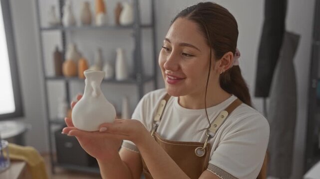 Smiling artisan woman holds and inspects white ceramic vase with both hands in bright studio; creativity.