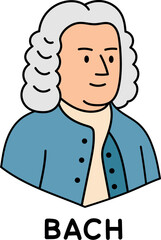 Obraz premium Cartoon portrait of Johann Sebastian Bach. Vector illustration of the composer in a blue coat and a white curly wig, made in a flat, minimalistic cartoon style, with his name written below.