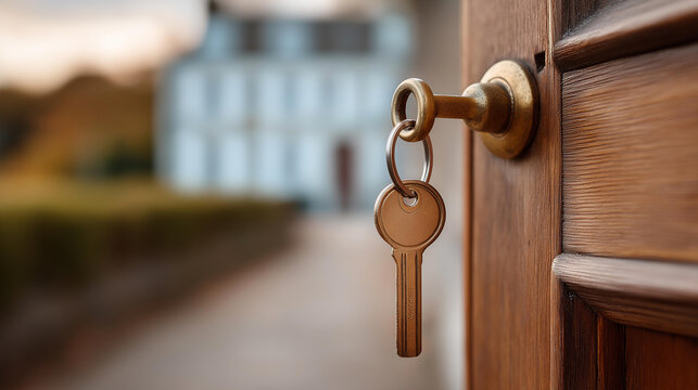 Close-up of a vintage brass door key inserted into an ornate wooden door lock, keychain swaying slightly, defocused house exterior behind, second hand property, real estate, home f