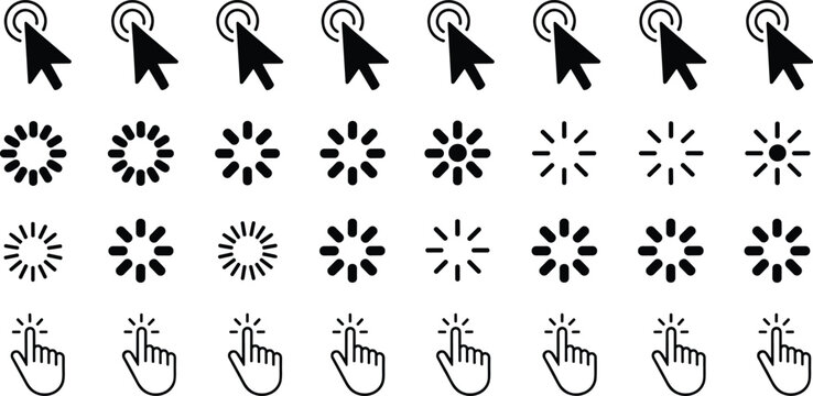 Mouse cursor click icons loading spinner progress indicators and hand pointer symbols interface elements set flat vector illustration