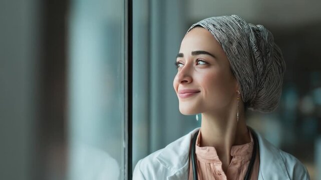 Serene Contemplation: Portrait of a woman, radiating a sense of peace and reflection, gazes thoughtfully through a window, her expression serene and contemplative.