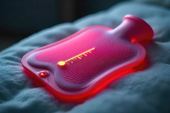 A stylish hot water bottle with an integrated thermometer, displaying the water temperature for safe and comfortable use Perfect for soothing aches and pains , self-care, restful, hygiene