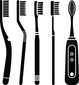 Toothbrush collection manual and electric toothbrush dental hygiene care tools set isolated black silhouette dental equipment flat vector illustration