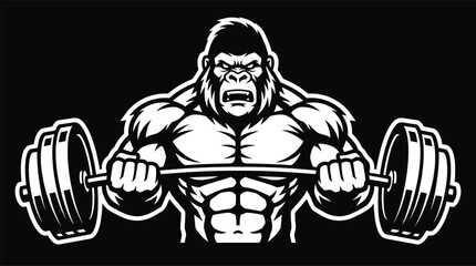 Strong gorilla lifting heavy barbell, bodybuilding mascot logo design, powerful ape fitness symbol for gym branding, strength training icon, flat vector illustration © MstSelina