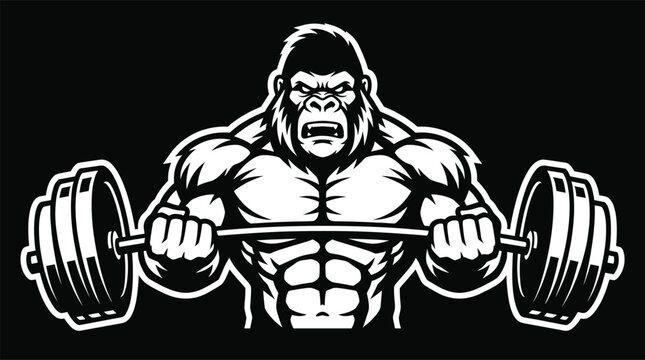 Strong gorilla lifting heavy barbell, bodybuilding mascot logo design, powerful ape fitness symbol for gym branding, strength training icon, flat vector illustration