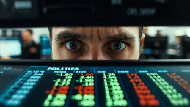 A man peers intensely through a stock market monitor, displaying fluctuating numbers. He appears stressed.