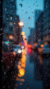 Close-up of raindrops on a windowpane, blurring the city lights beyond The feeling of a quiet, contemplative rainy evening is palpable , downpour, rainy day, moody