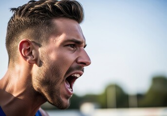 Obraz premium Close Up Profile Of A Determined Man Yelling Powerfully While Training Outdoors On A Sunny Running Track Field