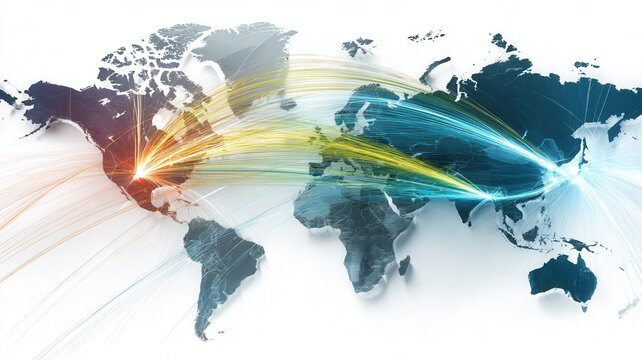 Global network connecting continents with flowing data lines, showing worldwide business communication international