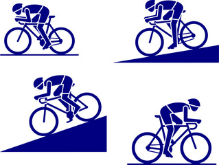 Fototapeta premium Set of professional cyclist pictograms in action. Vector silhouettes of road bike riders on flat terrain and climbing uphill. Concept of cycling race, triathlon, and endurance training.