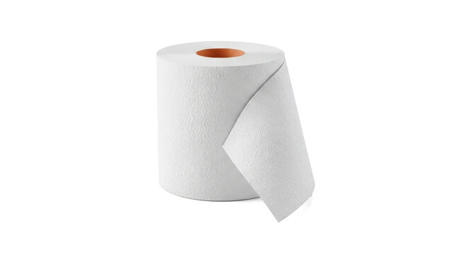 a roll of white textured toilet paper with a brown cardboard core, studio isolated on black.