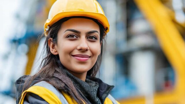 Smiling Construction Professional: A confident construction professional smiles, showcasing her capabilities and dedication. She embodies the spirit of skill, innovation.
