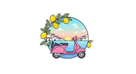 Fototapeta premium Flat Illustration Pink Scooter with Amalfi Coast Landscape and Lemon Branch